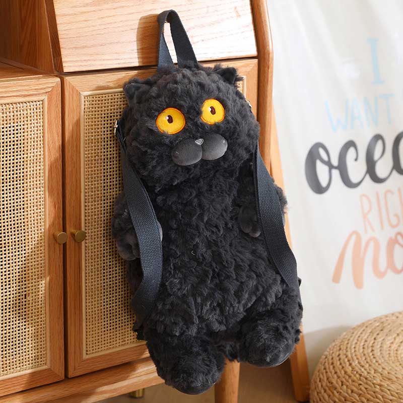 Funny Fluffy Black Cat Backpack Plush Bag toy triver