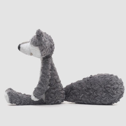 Grey wolf plush side view – realistic soft plush fur and detailed facial features